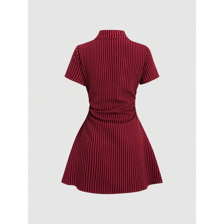 /// Striped Short Sleeve Shirt Dress Waist Cinch Slimming A-Line Summer Dress, Women's, Size: Large
