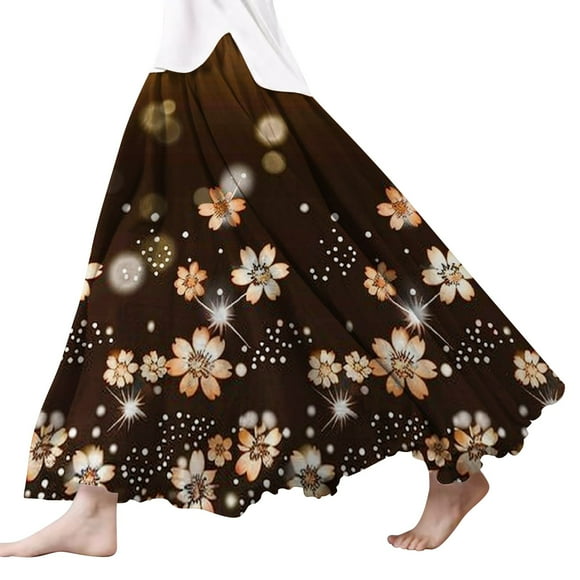 SNOWSONG Fall Skirts for Women 2024 Clearance! Women's Fashion Linen Scalloped Hem Floral Printed Half-Length Skirt, Midi Skirts, Boho Skirts, Floral Skirt 1PC bustle skirt Black 3XL