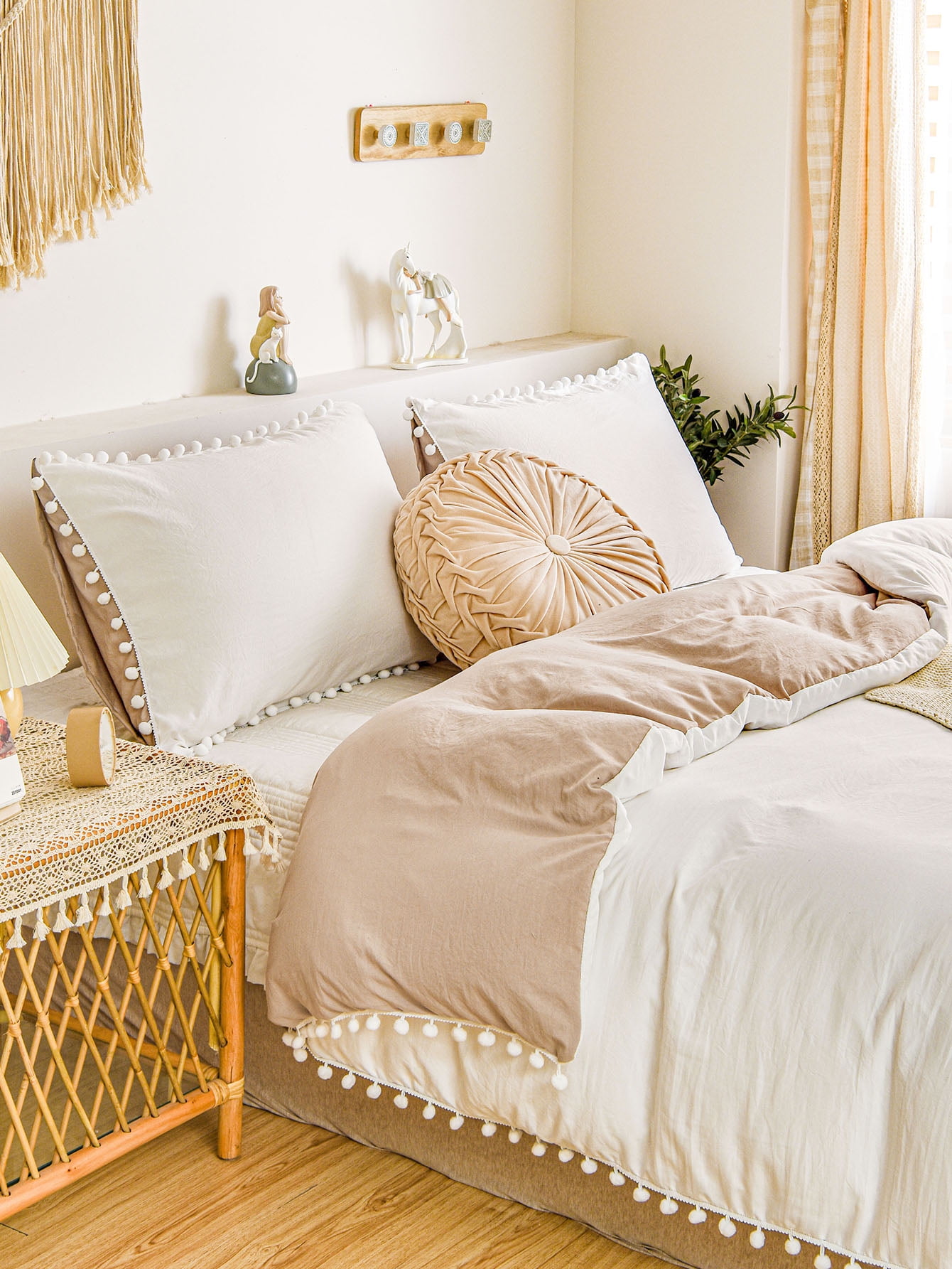 Move Over White Taupe Bedding Sets Queen Reversible Pom Poms Duvet Cover Set Ball Fringe Pattern