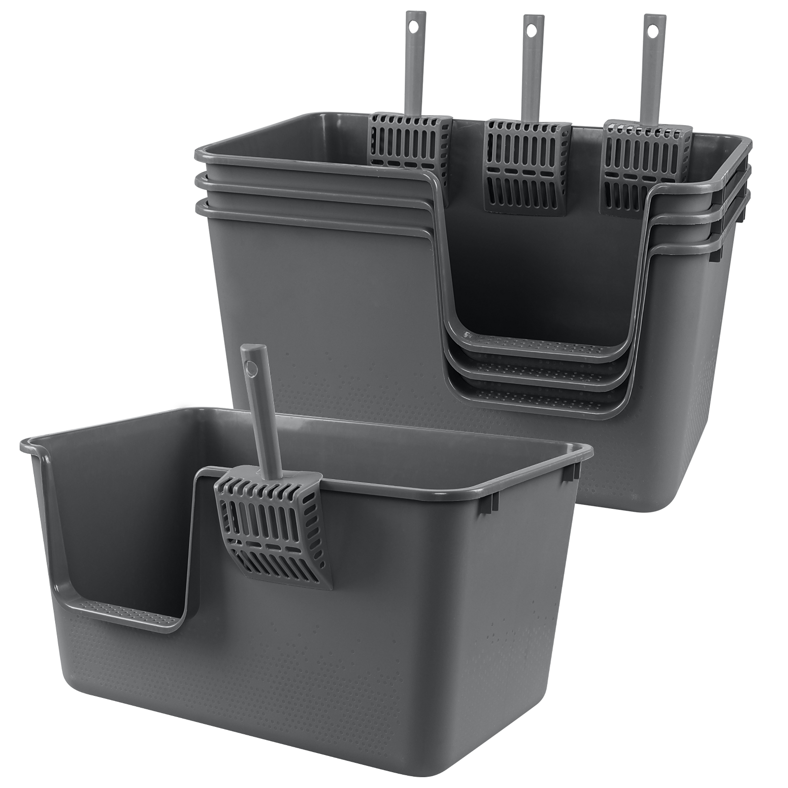 Gloreen 4-Pack Large Cat Litter Box with High Sides, Plastic Open Top Cat Litter Box, Grey