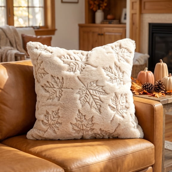 Summercome Fall Throw Pillow Covers 18 x 18 Inch Autumn Pillow Cases 3D Embroidered Pumpkin Leaf Plush Fluffy Faux Fur Cushion Covers for Thanksgiving Harvest Decoration Farmhouse Home Sofa Couch