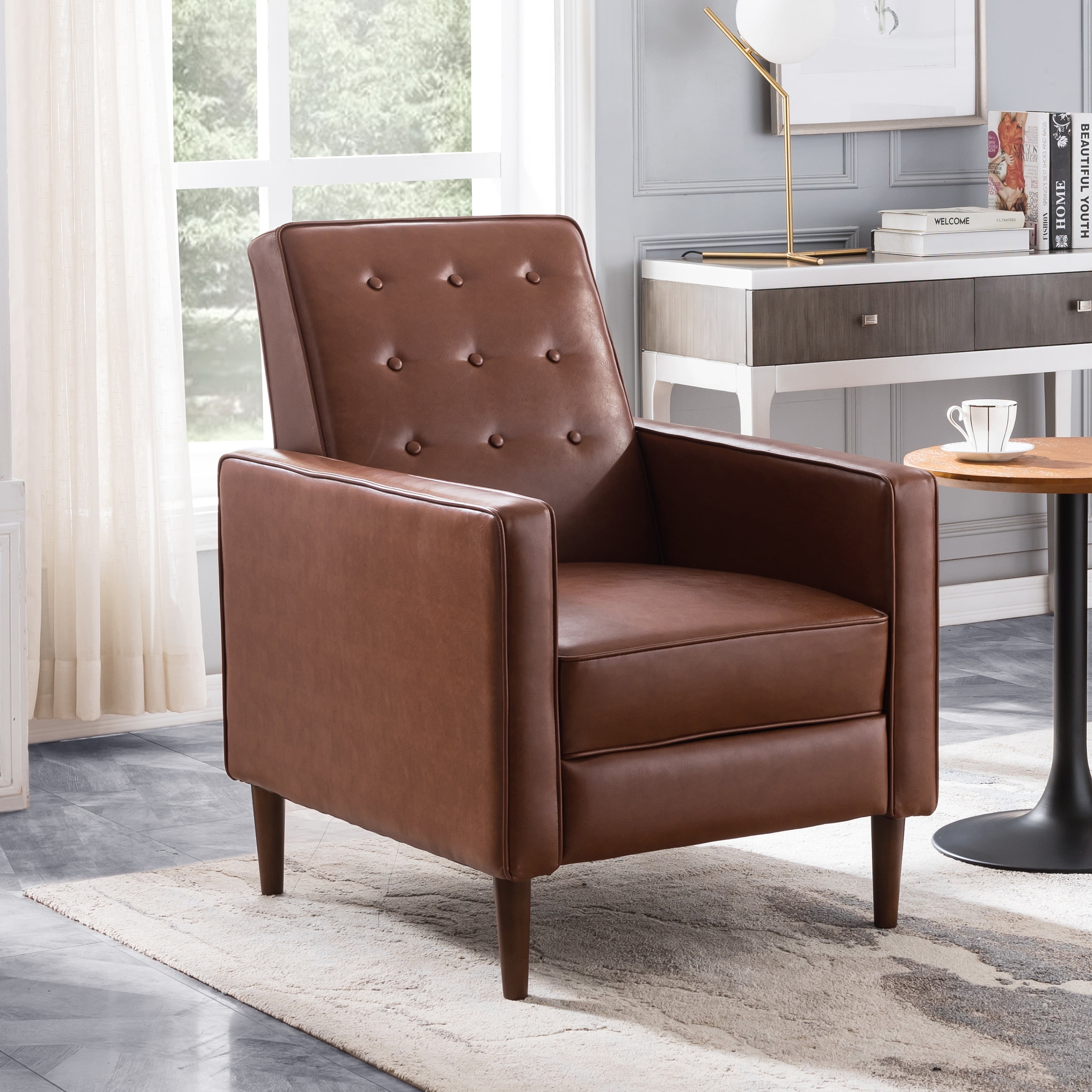 Euroco Modern Fabric Recliner Chair with Espresso Wood Legs, Adjustable Backrest & Plush Upholstery, Space-Saving Design