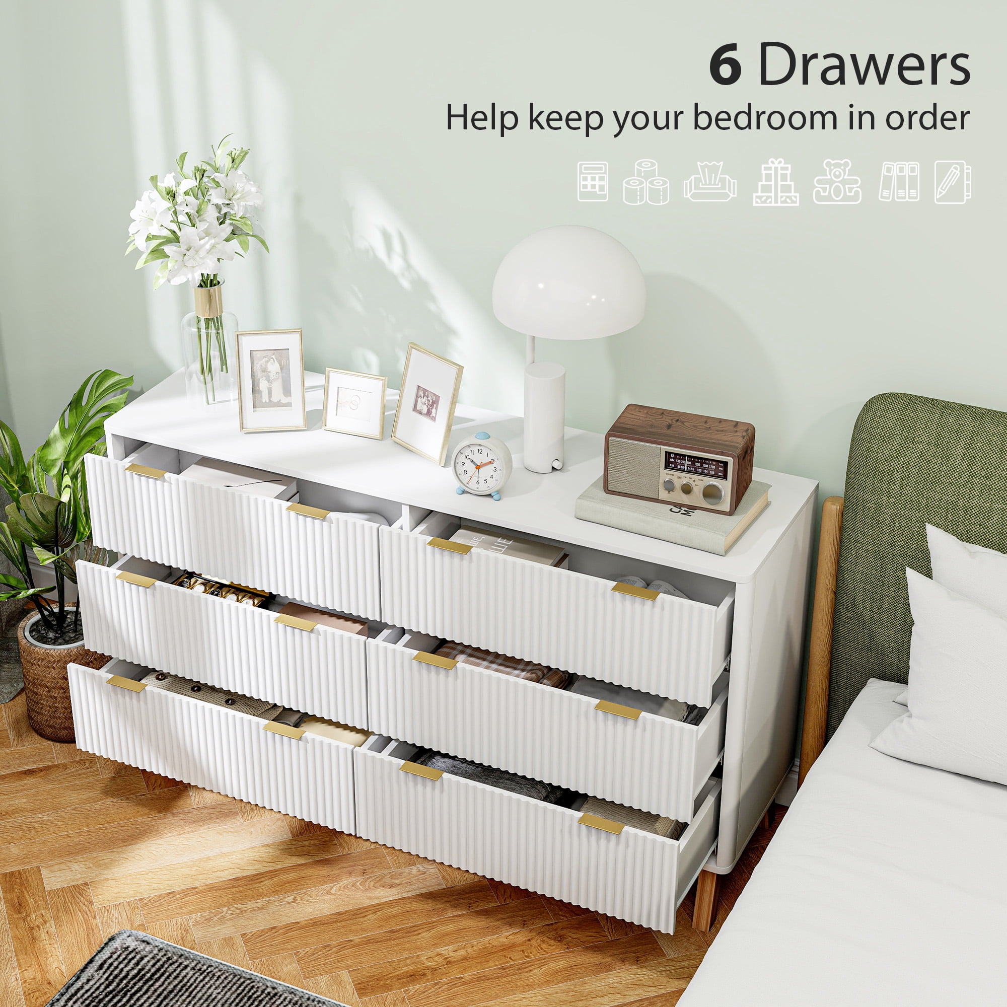 HOMCOM Fluted Dresser for Bedroom with 6 Drawers, 54" Wide Chest of Drawers with Gold Finger Pulls and 5 Wood Legs, White