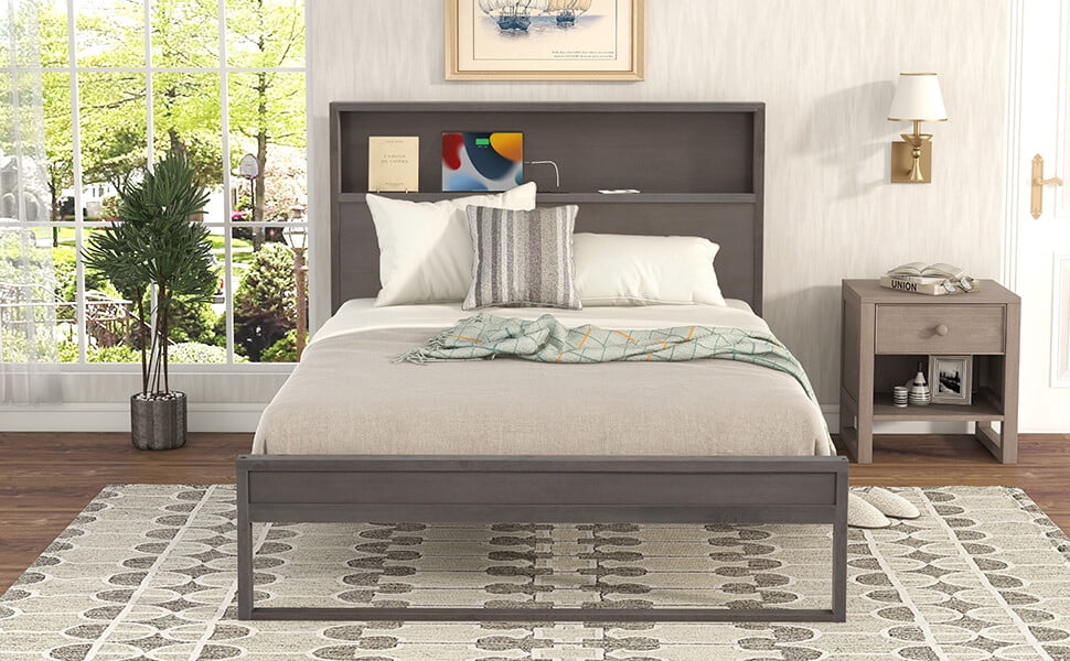 Bedroom Sets, Full Size Platform Bed with Storage Headboard, Sockets and USB Ports, Solid Wood Bed Room Set for Teens Adult Bedroom