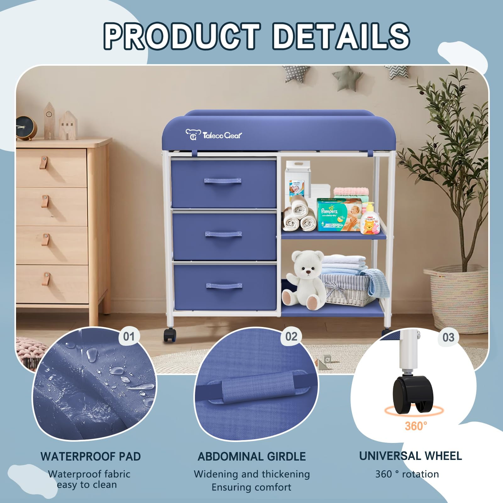 G TALECO GEAR Baby Changing Table, Portable Diaper Changing Station with Wheels, Nursery Organizer for Newborn and Infant, Blue
