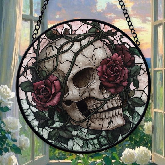 Halloween Skull Roses Stained Glass Window Hanging, Christmas Ornament Gift, Mother’s Day Keepsake, Valentine’s Day Decor, Festival Gift Ornament, Keepsake 2025
