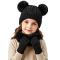 thumbnail image 3 of YUANxueke Boys Girls Winter Outdoor 3 Piece Sets Warm Pompom Beanie Hat & Fleece Thick Neck Warmer & Gloves Windproof Thermal Outwear, 3 of 4