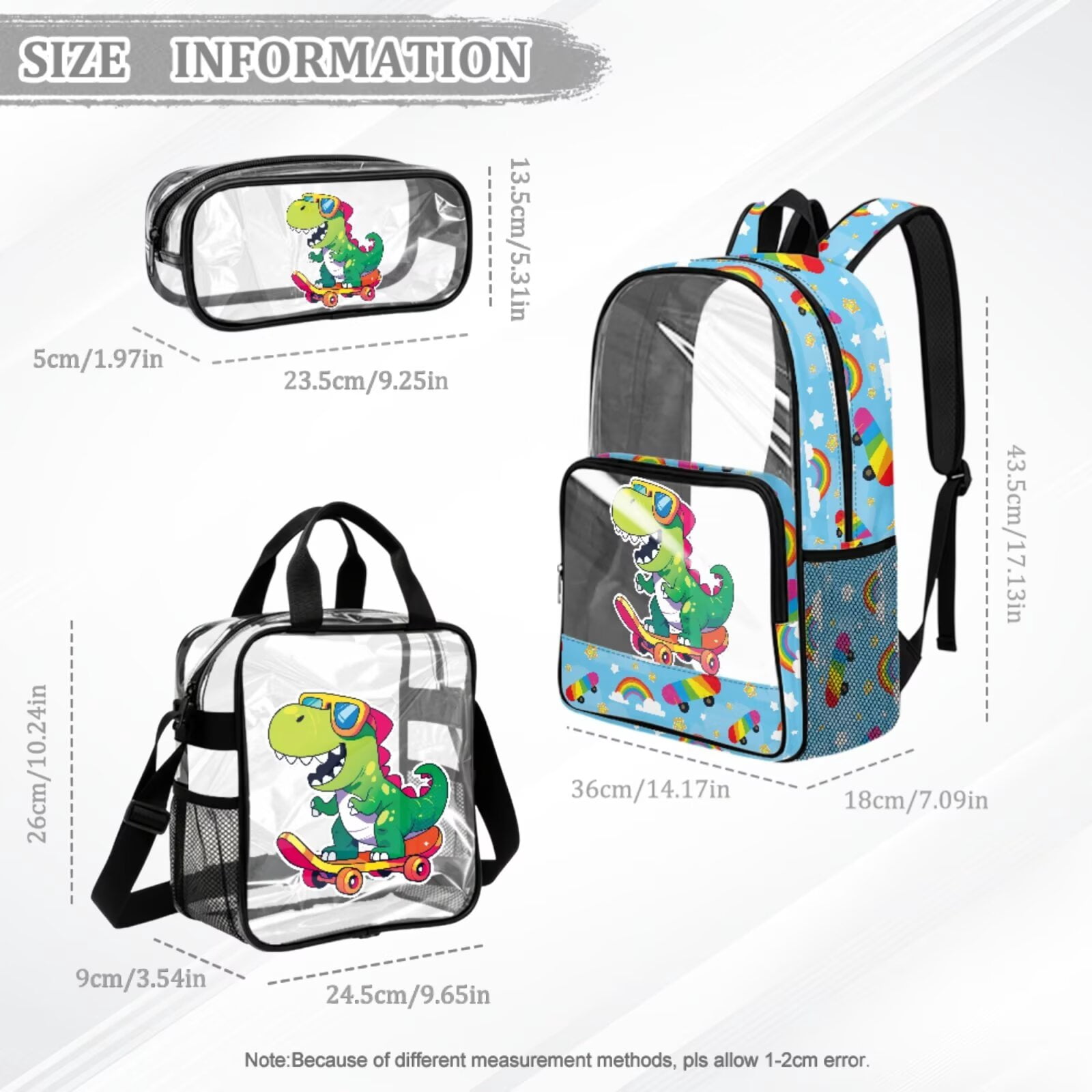 Xixirimido Cartoon Dinosaur Rainbow Stars Print 3Pcs Set Clear PVC Backpack with See Through Transparent Lunch Bag Pencil Case 3 in 1 School Bag Set Boys Girls Bookbag for School Stadium