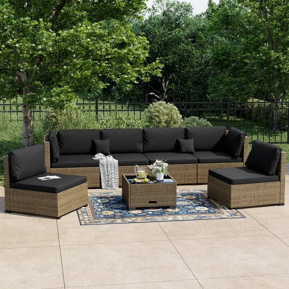 Bifanuo 7 Piece Patio Furniture Set, Outdoor Furniture Patio Sectional Sofa, All Weather PE Rattan Outdoor Sectional with Black Cushion and Coffee Table.