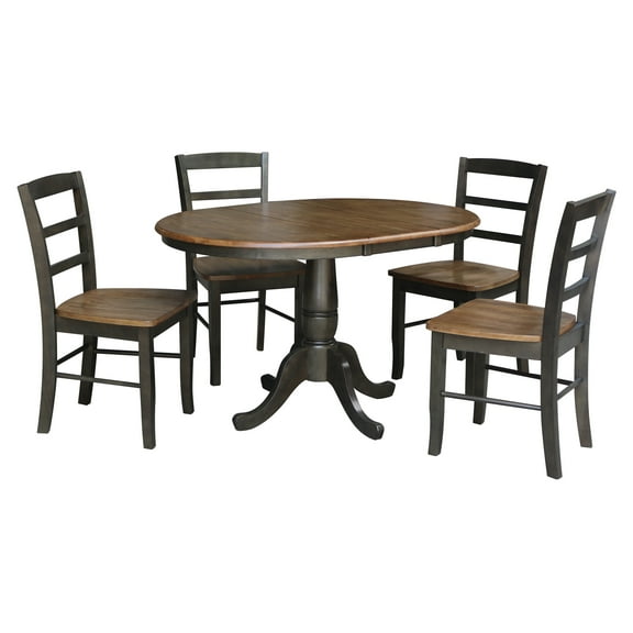 5-piece Solid Wood Dining Set with 36'' Round Extension Pedestal Table and 4 Madrid Ladder Back Chairs in Hickory/Washed coal by International Concepts