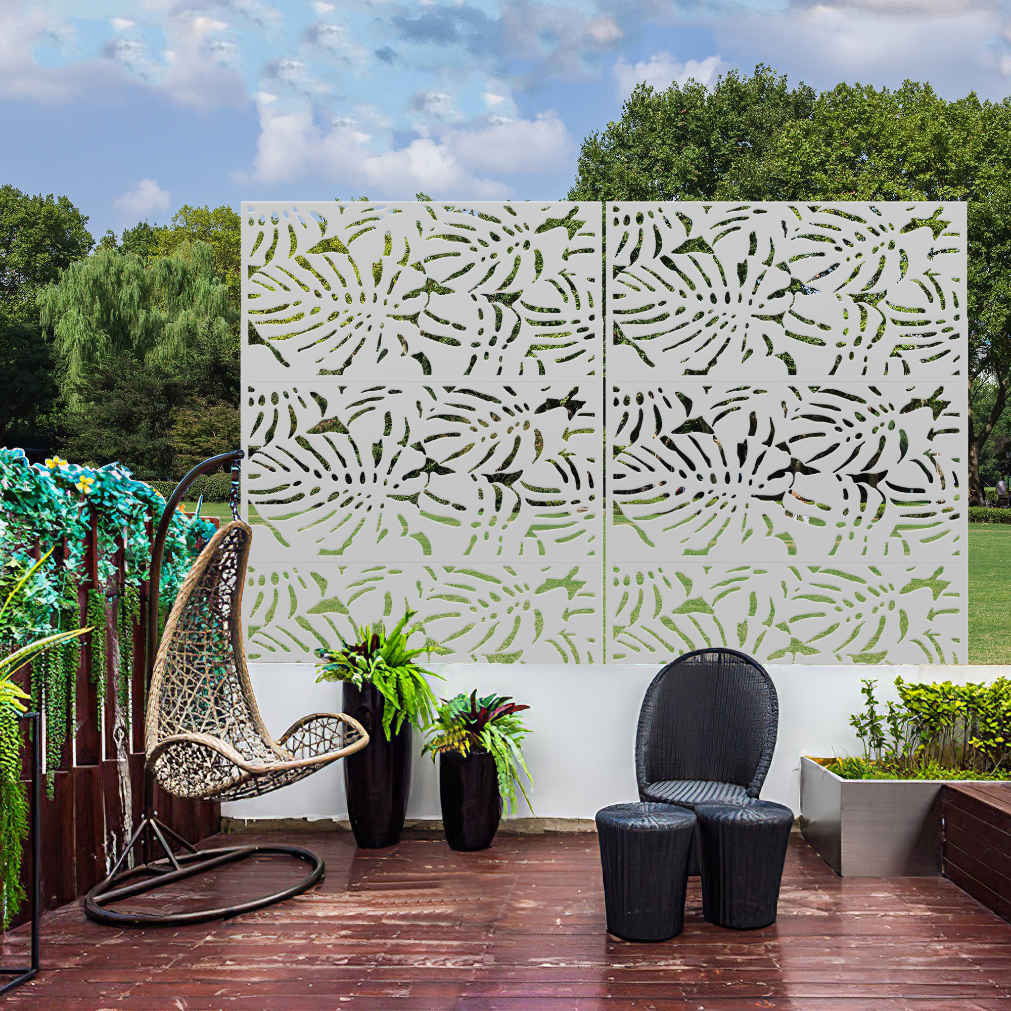 MAYEERTY 72×47" Outdoor White Metal Privacy Panel Screen for Backyard & Garden, Monstera Pattern