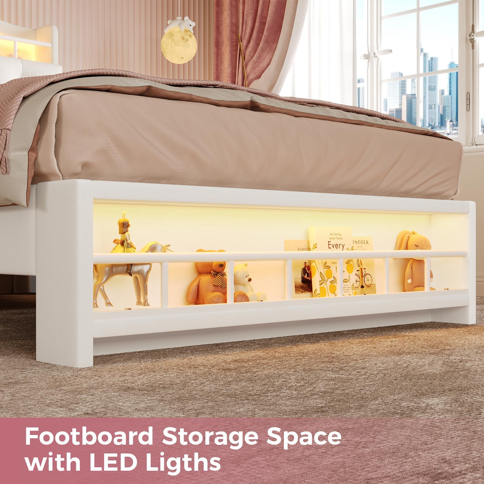 Afuhokles Twin Size Bed with LED Lights and Charging Station, Upholstered Bed Frame with Hidden Storage Headborad, Sturdy Platform Bed, Beige