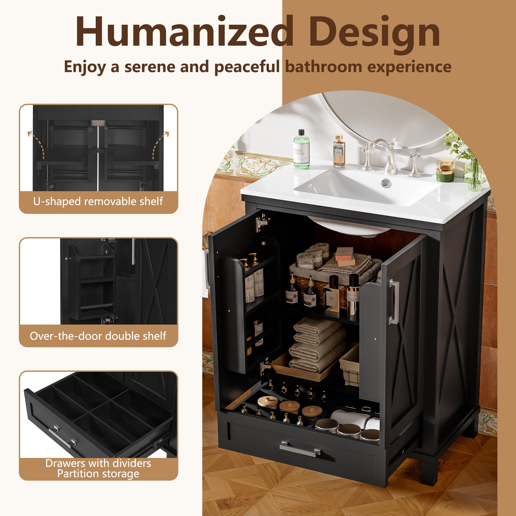 Euroco 24-inch Bathroom Vanity with Single Sink, Solid Wood Frame + MDF, 2 Soft-Close Doors, 1 Divided Drawer, Dual Storage Shelves, Ample Storage Space