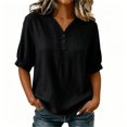 thumbnail image 3 of Womens Embroidered Cotton Linen Tops Summer Casual Boho Linen Mid Cuffed Sleeve Shirts V Neck Vacation Work Daily Blouses, XL, 3 of 8
