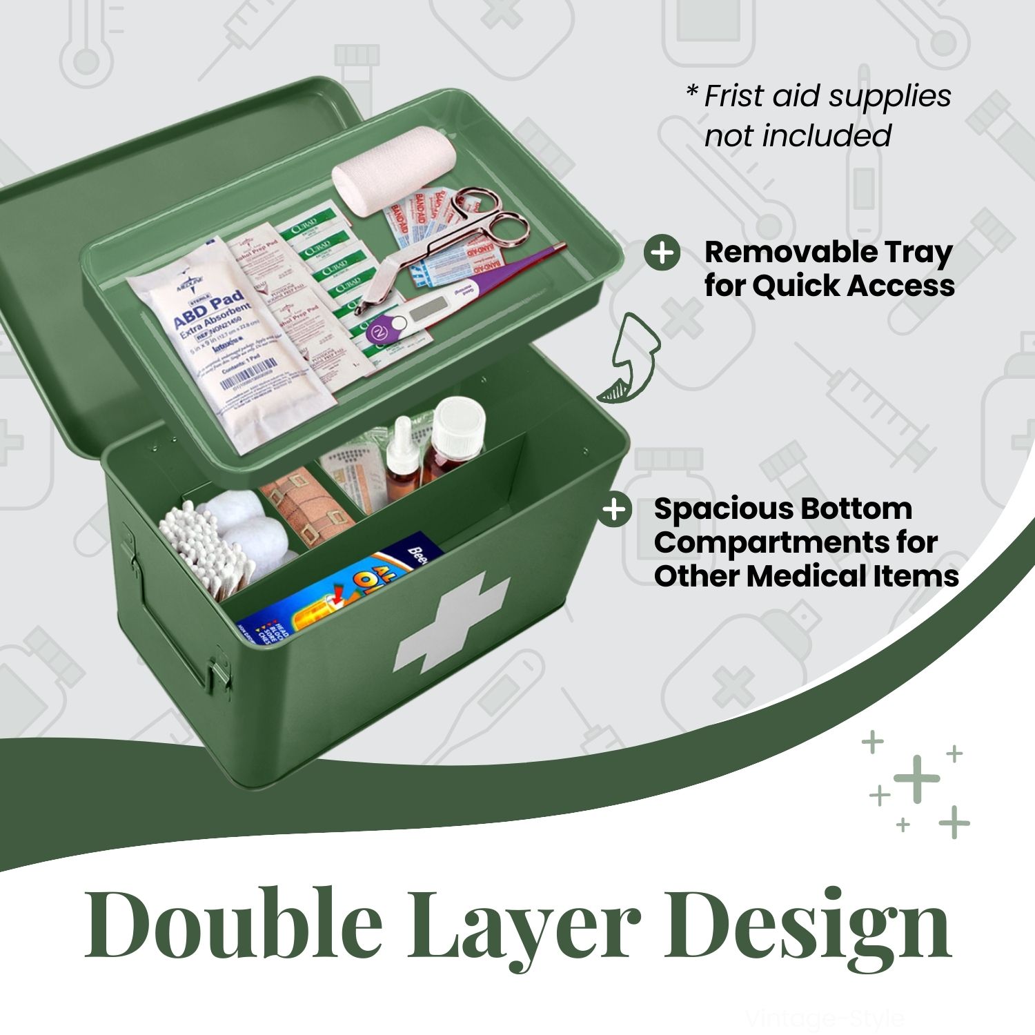 First Aid Medicine Box Supplies Kit Organizer - 12.5" Green Metal Tin Medic Bin Hard Case with Removable Tray Handle Storage Compartment, Vintage Antique Empty Boxes for Home Family Emergency Tool