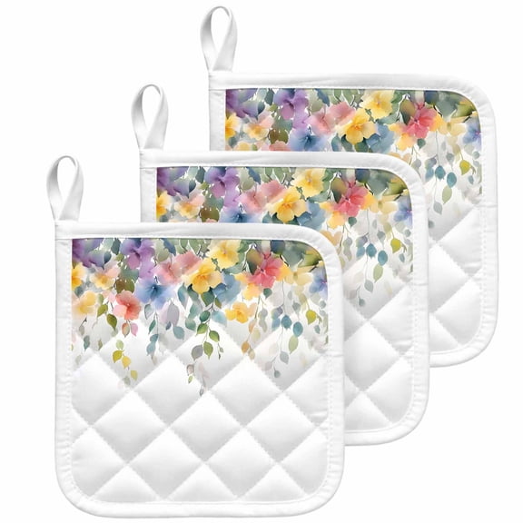 Pink Spring Flower Pot Holders for Kitchen Heatproof Potholder, 3 Pack Pastoral Floral Leaves Country Rustic Hot Pads Multipurpose Oven Pads Cloth Potholders Trivet for Cooking Baking