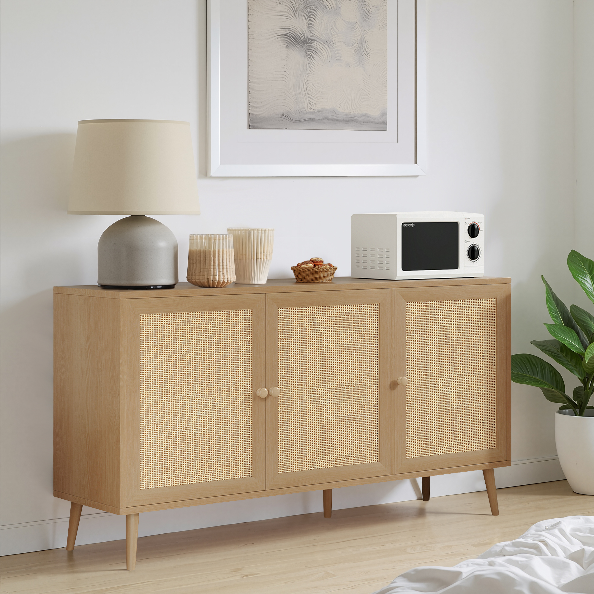 MAYEERTY Natural 59*15*31"Modern Sideboard Buffet Cabinet with 3 Rattan Doors for Living Room, Entryway