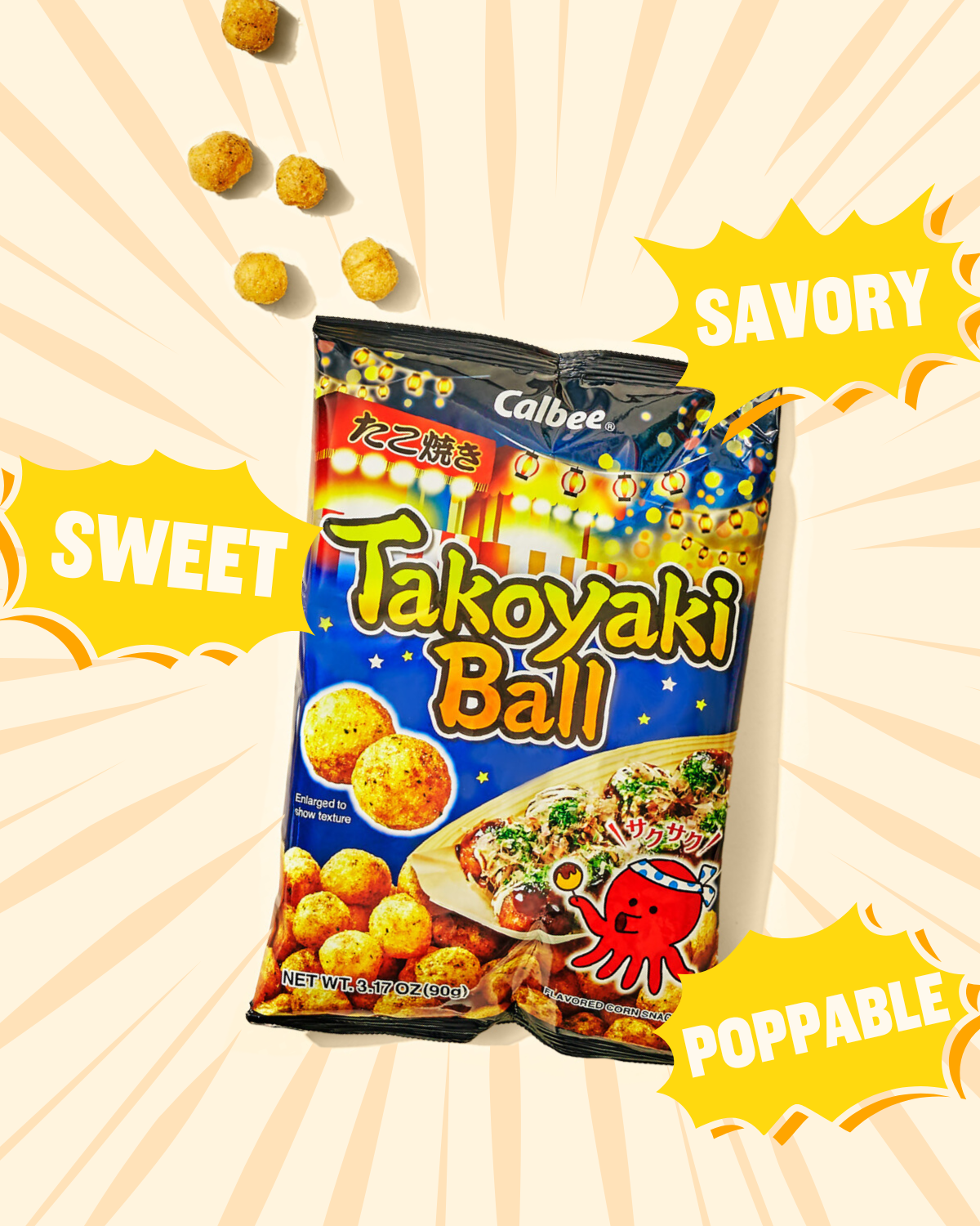 (3 pack) Calbee Takoyaki Ball Flavored Corn Puffs Japanese-Style BBQ Sauce 3.17oz