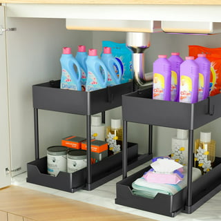 SpaceAid Cabinet Shelf Organizers 2 Pack, Kitchen Counter Organizer Rack Under Shelves Riser, Pantry Cupboard Storage Organization, Metal and Wood, Bl