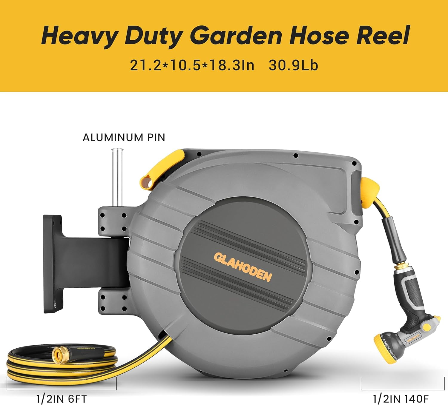 GLAHODEN Retractable Garden Hose Reel - 1/2 in x 140 ft Upgraded UV  Resistant Automatic Wall Mounted Water Hose Reel 3/4 in Brass Fitting 9  Pattern Nozzle Any Length Lock Slow Retraction 180°Swivel 