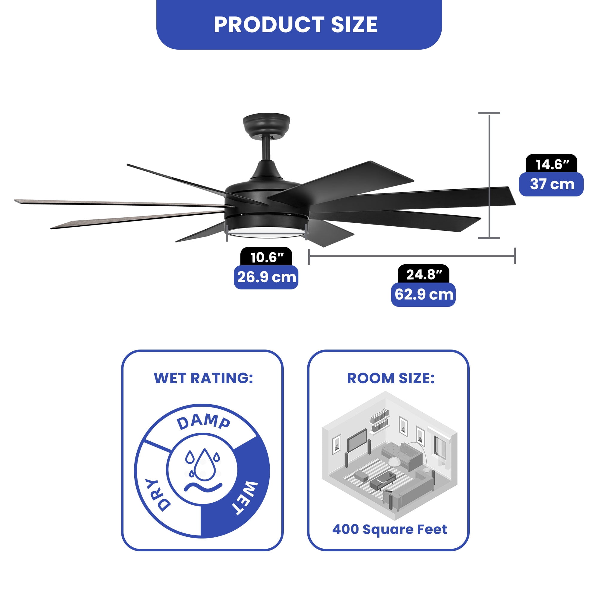 ModFusion 60″ Black Ceiling Fan with Light – Quiet Motor, Dimmable LED, 6 Speeds, Reverse Airflow, 8‑Blade Modern Design