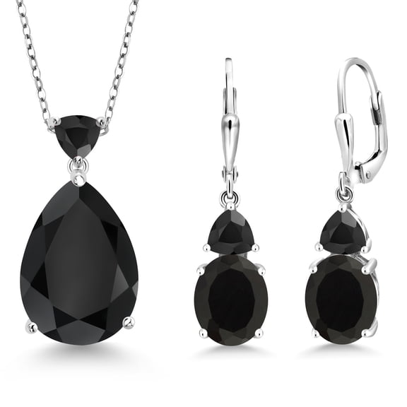 Gem Stone King 15.99 Cttw Black Onyx Pendant Earrings Jewelry Set for Women | 925 Sterling Silver | Pear Shape 18X13MM | Gemstone December Birthstone | With 18 inch Chain
