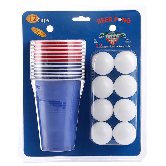 Pong Cup Set for Party Games - Includes 12 Reusable Cups and 12 Table Tennis for at Birthdays Weddings Camping and More