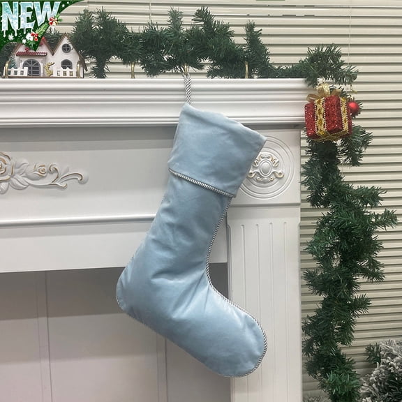 Velvet Christmas Stocking 15.75x7.87in,Large Rope Trim Holiday Hanging Ornament,Decorative Solid Color Sock for Xmas Tree Fireplace Home Seasonal Party Decoration (Light Blue)