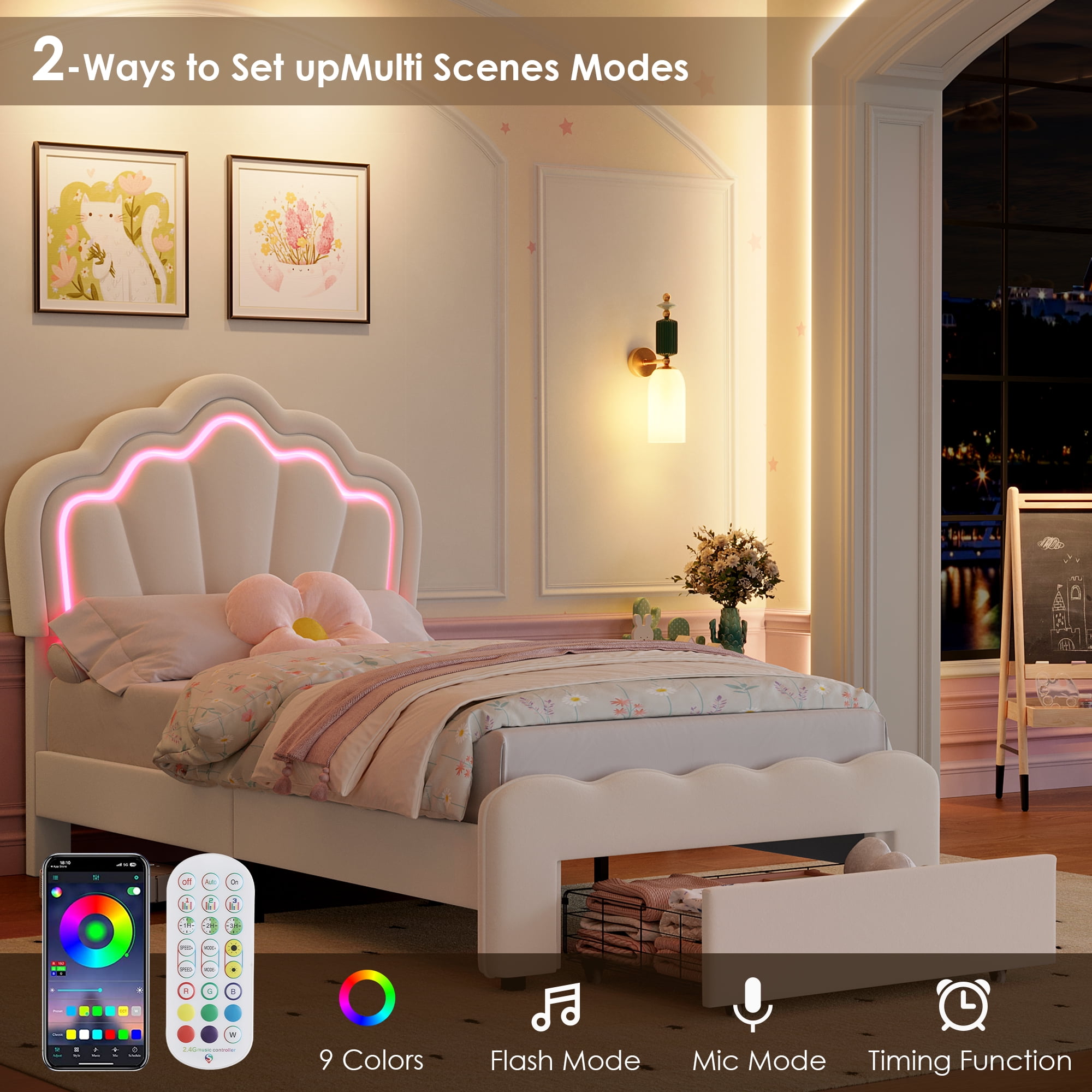 Homfa Twin Size LED Bed Frame with Storage Drawers, Velvet Upholstered Platform Bed with Adjustable Petal Headboard, RGB LED Lights Bed for Bedroom, Beige