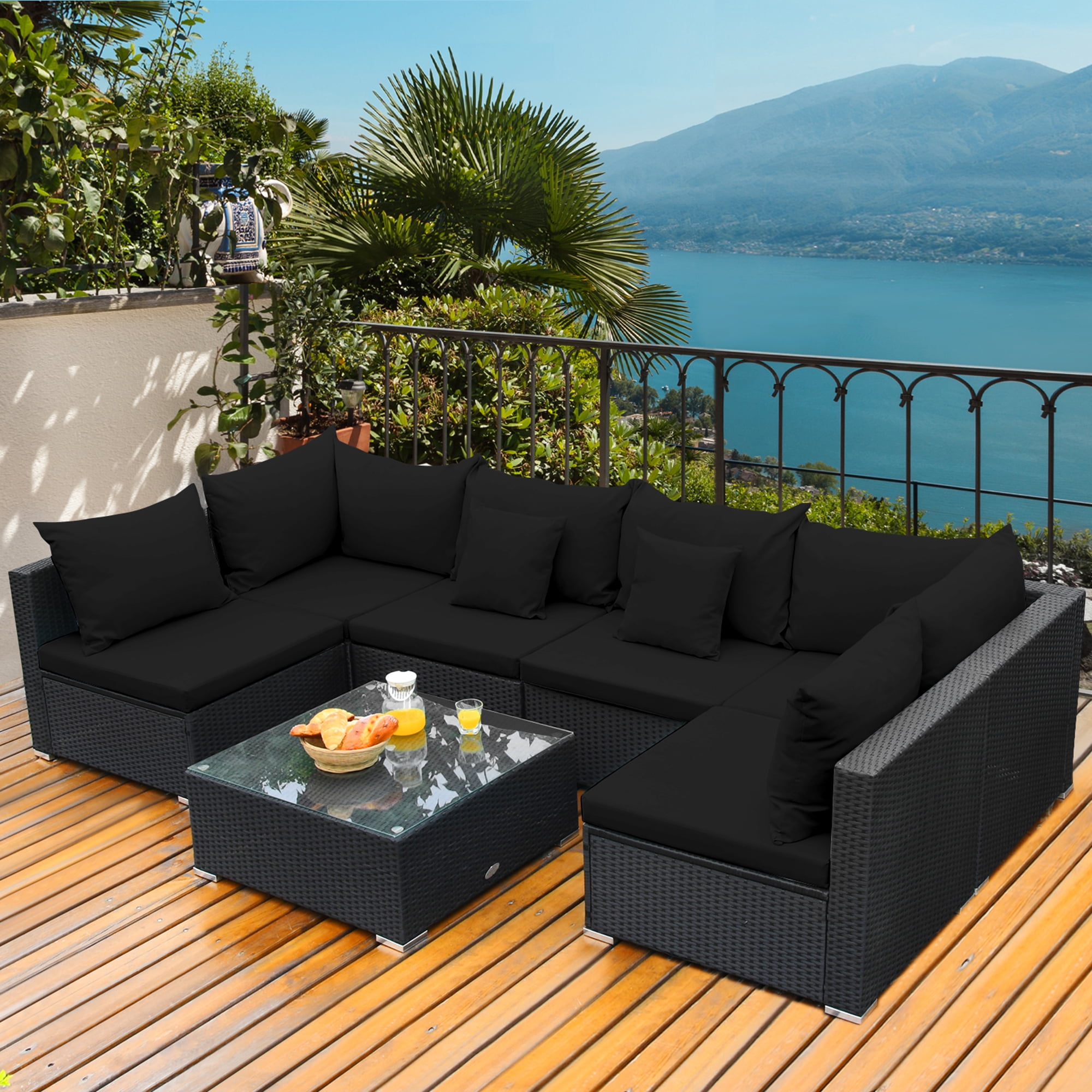 Gymax 7PCS Rattan Patio Conversation Set Sectional Furniture Set w Black Cushion Walmart