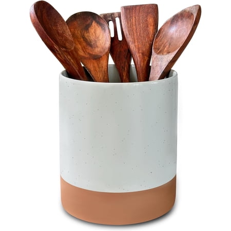 Mora Ceramic Kitchen Utensil Holder - Wooden Spoon & Spatula Crock for Countertop, Modern Farmhouse Home Decor, Extra Large 7.3" Cooking Organizer for Stove Top and Counter - Heavy & Sturdy - Grey
