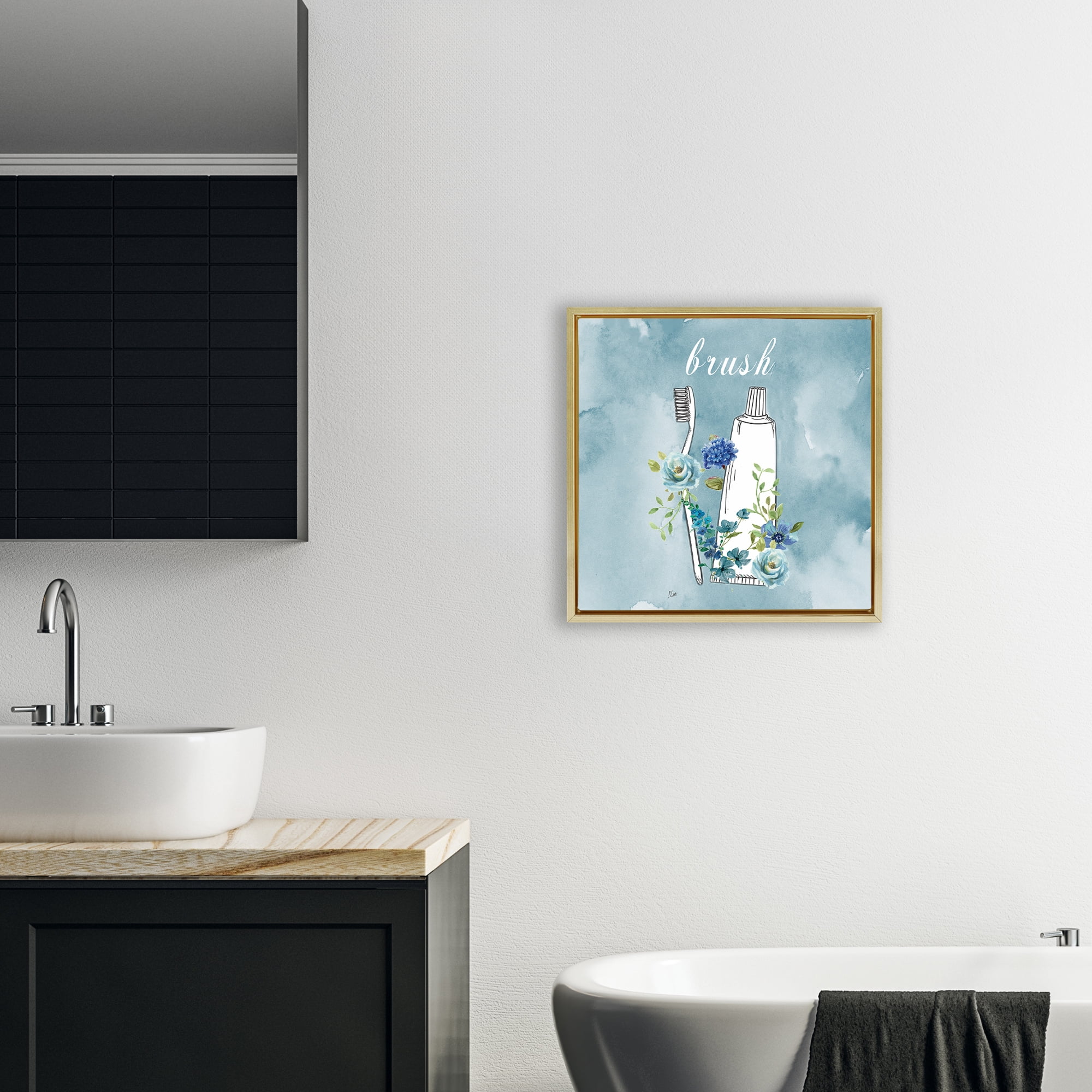 Stupell Industries Floral Bathroom Rules Brush Gold Framed Floater Canvas Wall Art, design by Nan
