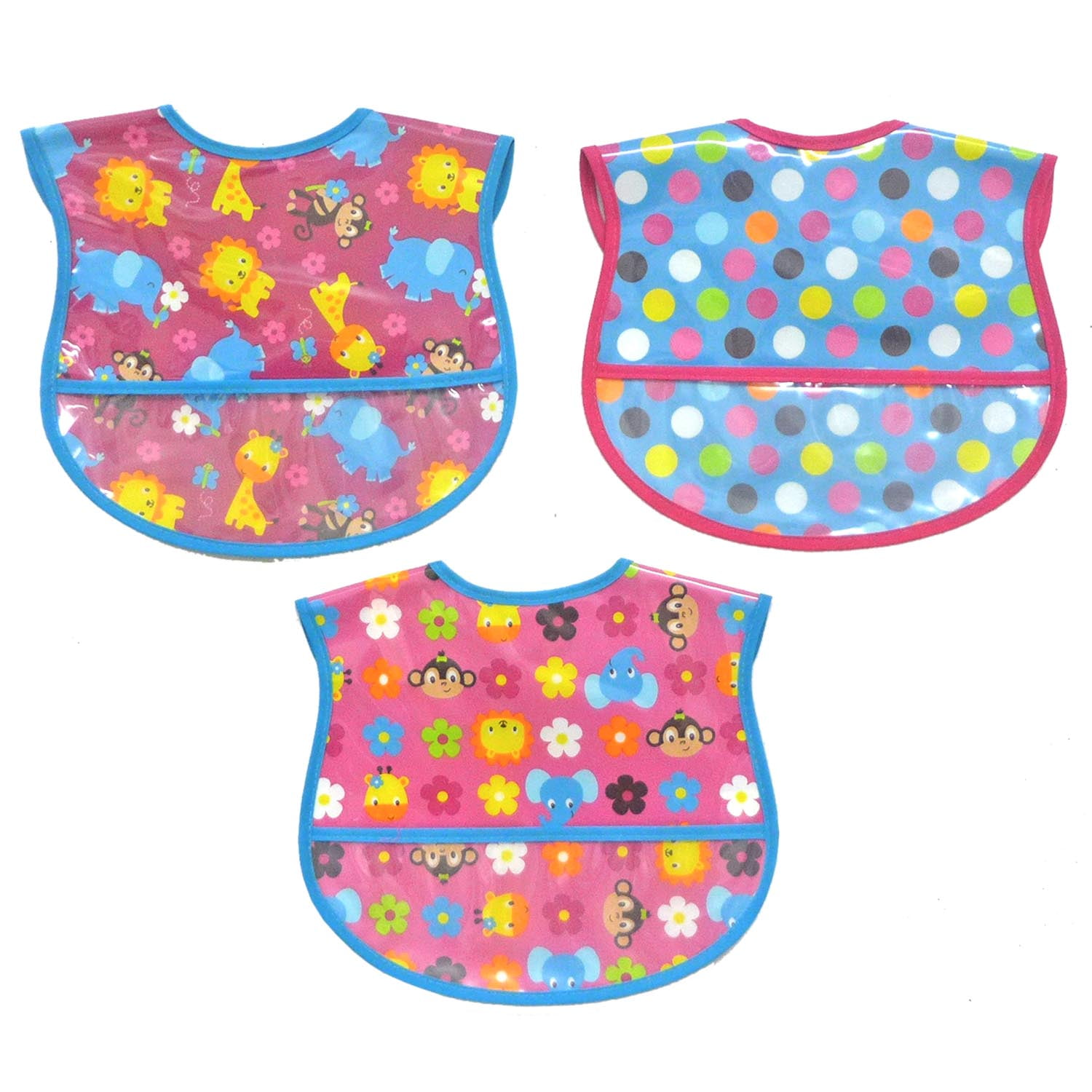 Neat Solutions Clear Peva Printed Interlock Feeder Bib, Girl, 3 Pack