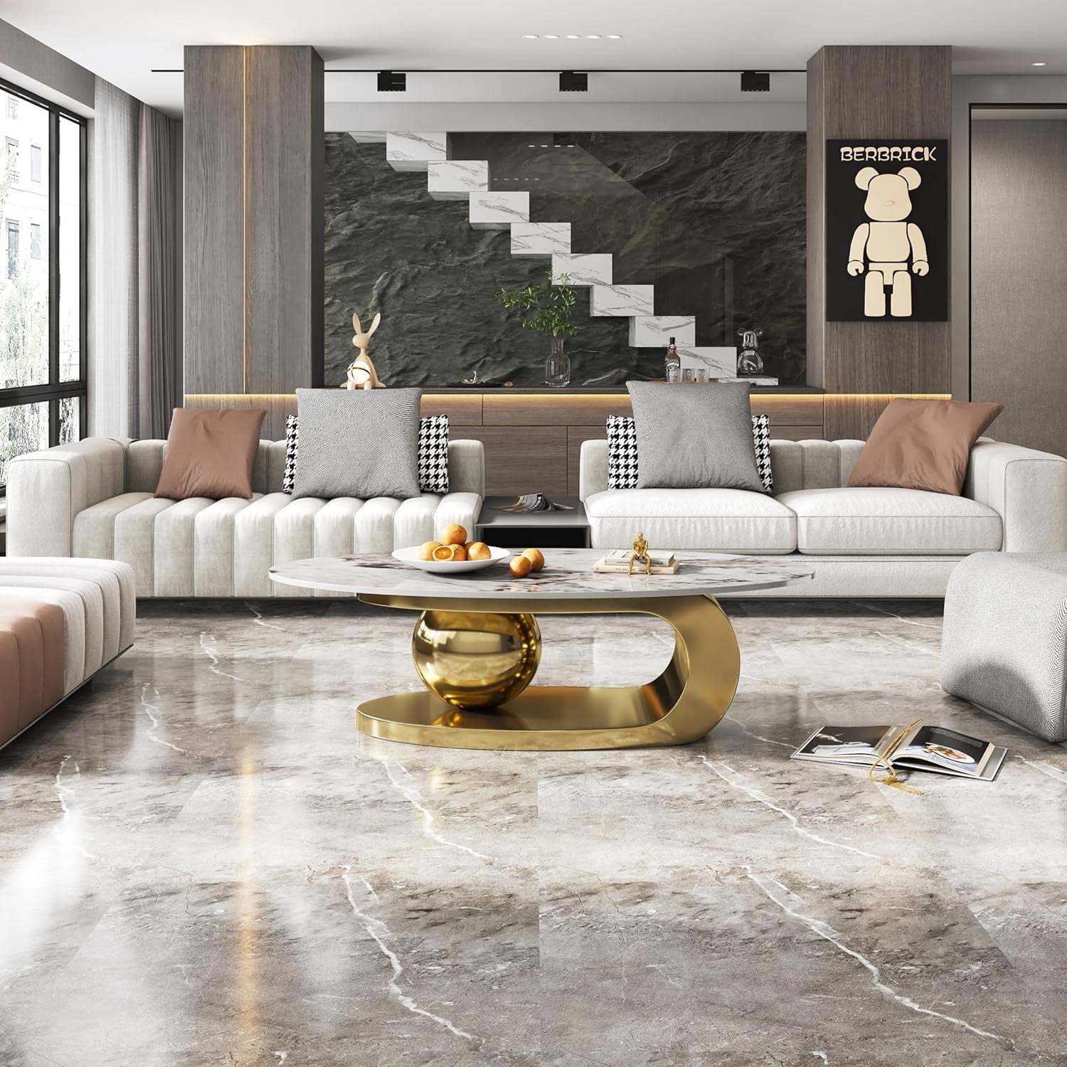 49.2" Modern Oval Marble Coffee Table – Gold Stainless Steel Base, Scratch-Resistant, Easy Assembly
