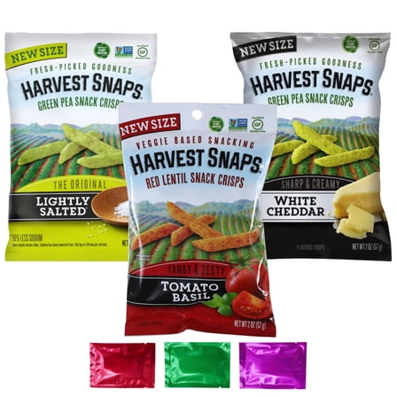 Harvest Snaps White Cheddar, Lightly Salted, Tomato Basil Snack Crisps - Green Pea & Red Lentil Flavored Baked Crunchy Healthy Veggie Snacks Lunchbox, 1.75 oz Pack of 3