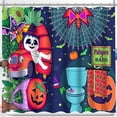 thumbnail image 1 of Whimsical Halloween Shower Curtain - Cartoon Ghost in Red Car, Pumpkins & Bats, 1 of 4