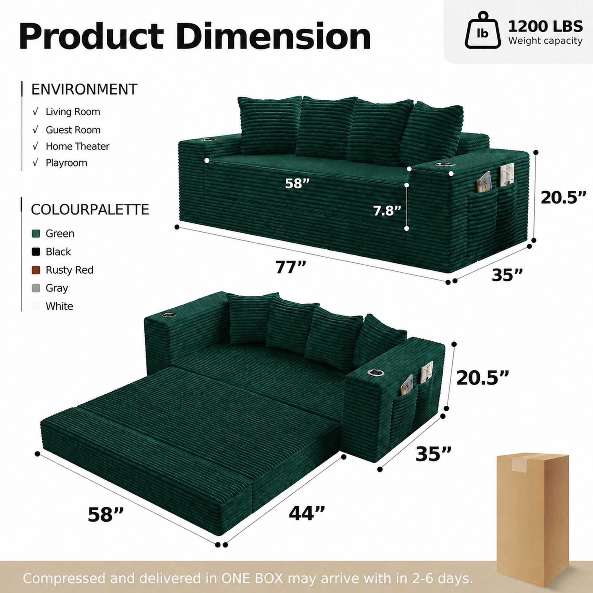 Leumius 2-in-1 Convertible Sofa Bed,Boneless Corduroy Modular Sleeper Couch with Cup Holders & Side Storage Pockets,Oversized Deep Seat Sofa for Living Room, Apartment, Guest Room,Green