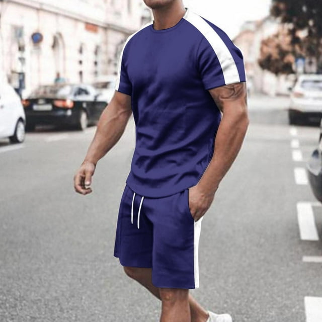 NTACZA Mens Shorts Set 2 Piece Athletic Short Sleeve Tracksuits Crew Neck Color Block Sweatsuits for Men 2X