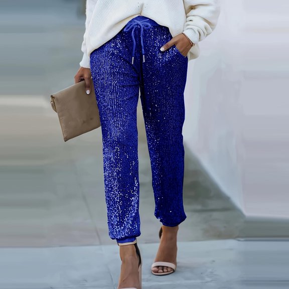 PNTUTB Women's Fashion Solid Color Sequined Elastic Waist Drawstring Casual Comfort Cuffed Pants with Pockets