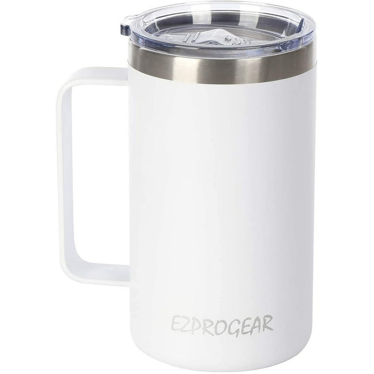 Ezprogear 32 oz. White Stainless Steel Beer Mug Tumbler Double Wall Water Camping Cup with Handle, Lid & Straws