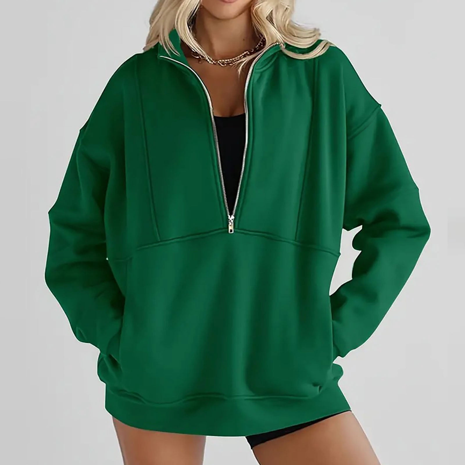 Sweat Polaire Femme Demi-zip - Col V, Manches Longues, Poches, Coupe Ample Pour Automne/hiver