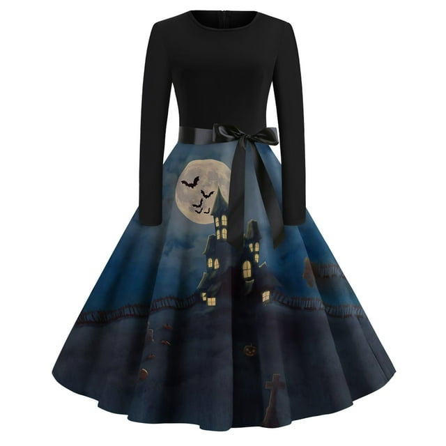 Halloween Print Flare Dress For Women Long Sleeve Dress Hollow Party Casual Dresses
