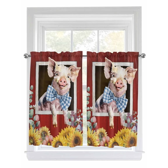 Pig Sunflowers Living Room Curtains 2 Panel, Eucalyptus Leaves Floral Bees Red Barn Cafe Window Treatment, Farmhouse Bedroom Bathroom Kitchen Curtains Drapes 104"x45"