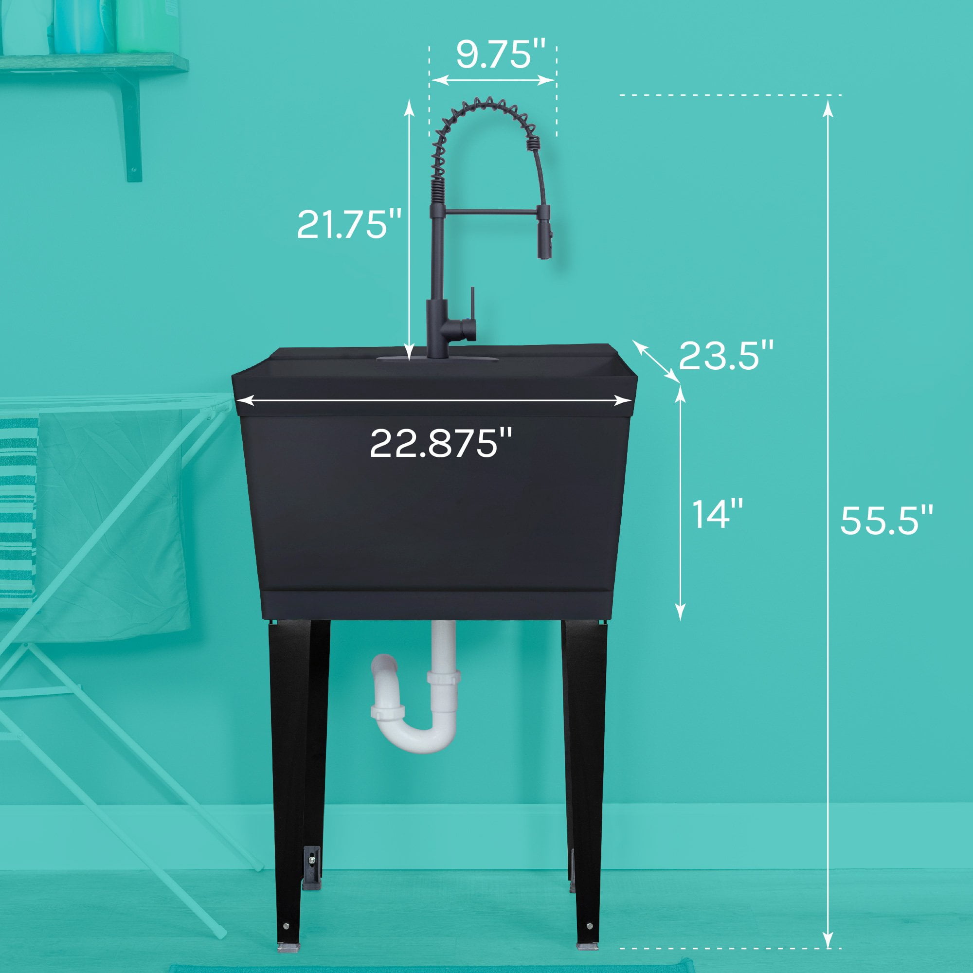 TEHILA Black Freestanding Floor Mount Utility Sink with Black Pull-Down Faucet for Laundry Room