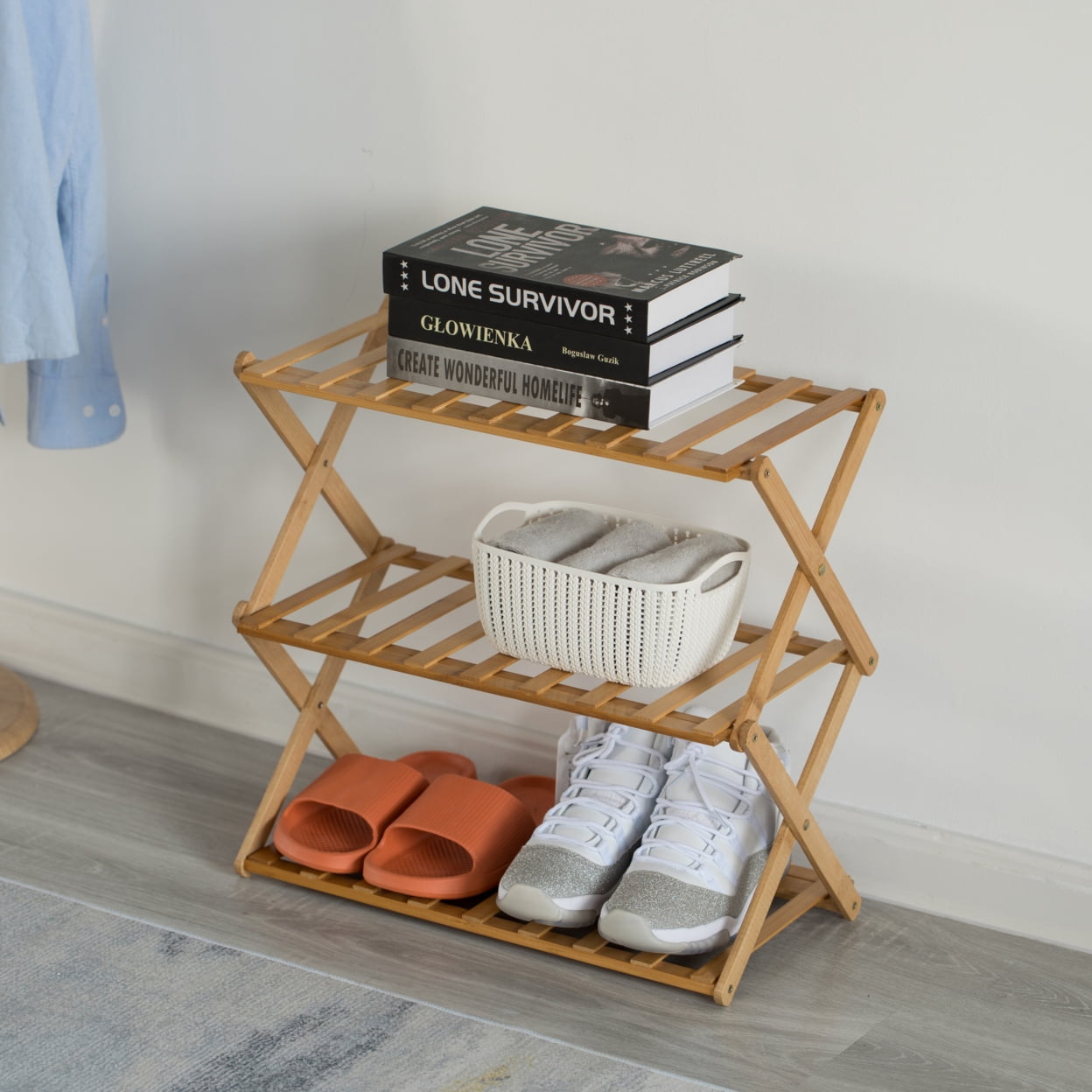 Basicwise Foldable Bamboo Shoe Rack and Storage Shelf Multi-Purpose Wooden Organizer for Entryway Closet or Living Room Space-Saving Stand for Shoes Slippers Plants Towels and Home Décor, 4-Tier