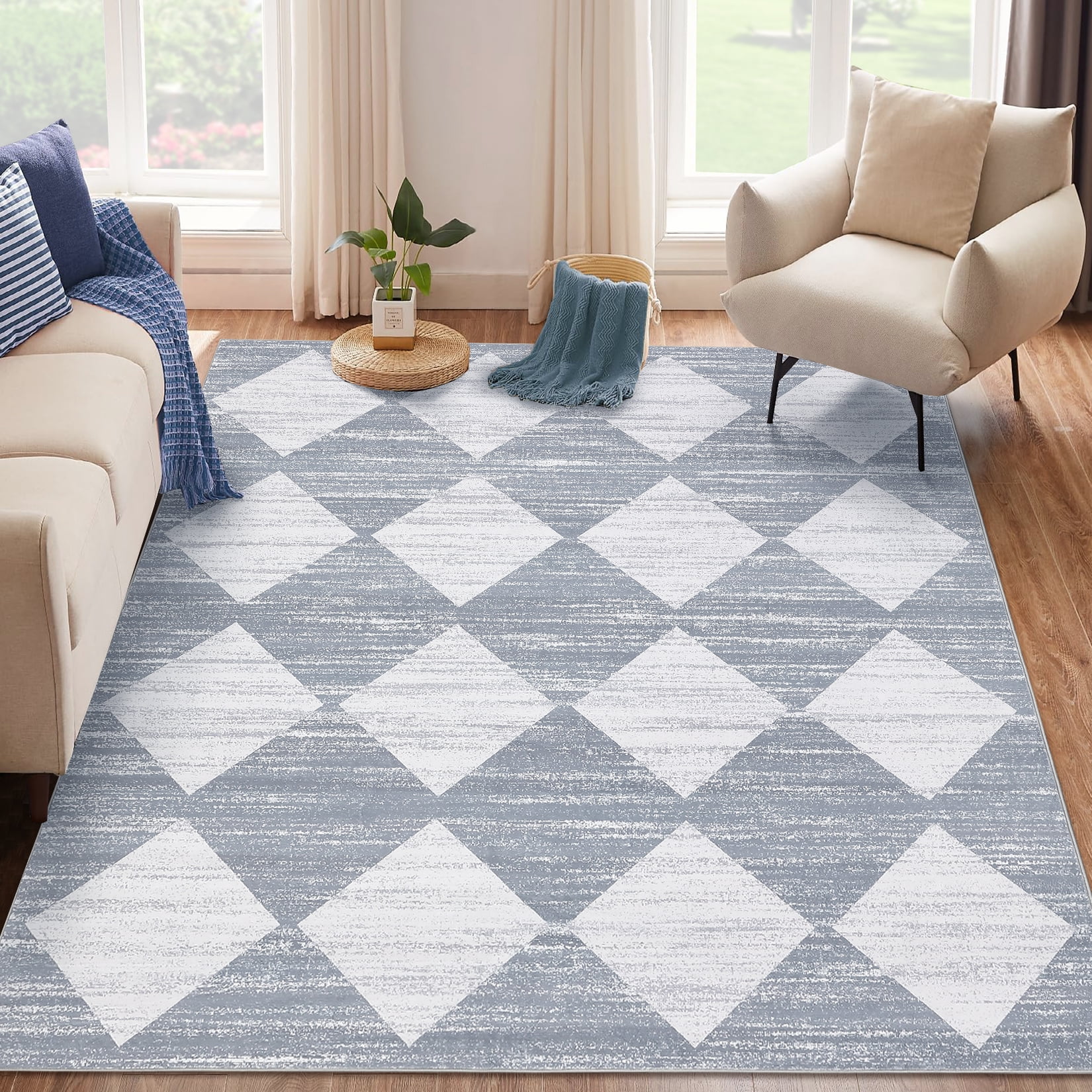 Garvee 10x13ft Geometric Diamond Area Rug, Machine Washable Rug Stain Resistant Indoor Carpet With Non-Slip Backing, Soft Low Pile Rug for Living Room Bedroom Home Office, Gray