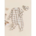 thumbnail image 3 of Suealasg Baby Boy Girl Footies Jumpsuit 0 3 6 12 Months Newborn Crew Neck Long Sleeve Checkered Print Zip Up Full Length Jumpsuit +Headband Fall Clothes, 3 of 7