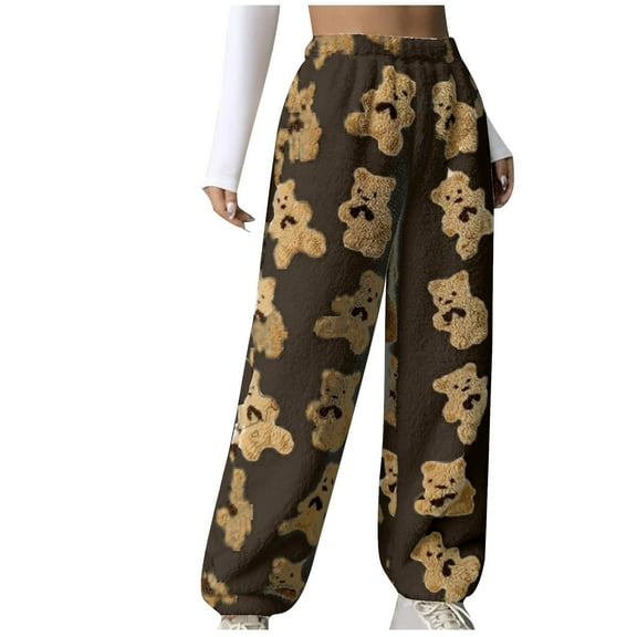 Womens Cute Bear Plush Pajama Pants, Soft Fluffy Fleece Warm Pjs Trousers Sleepwear Winter Comfy Fuzzy Lounge Pants