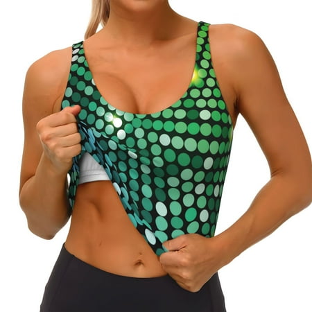 Qokaie Green Disco Lights Pattern Womens Scoop Neck Sports Bra Breathable Workout Vest Padded U Back Medium Impact Fitness Gym Yoga Bra Workout Crop Top