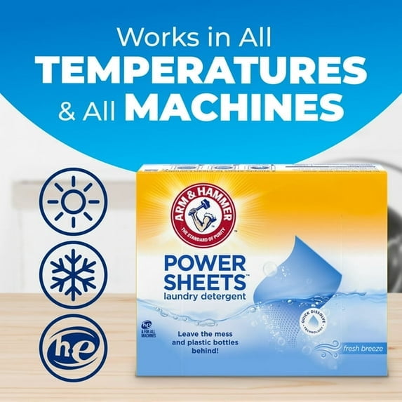 2pack ARM & HAMMER Power Sheets Laundry Detergent, Fresh Breeze, 60 Count, Up to 240 total Small Loads